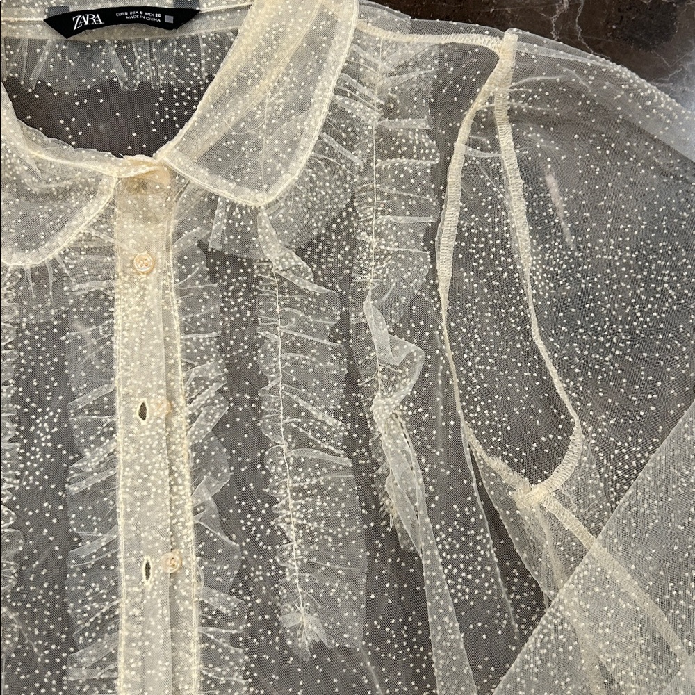 Zara Sheer Cream Blouse with Polka Dots - Picture 5 of 10